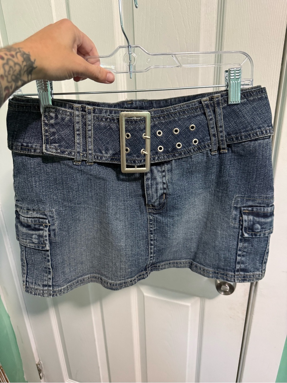 Denim Mini Skirt with Studded Belt and shorts - Blue vintage Y2K - Picture 2 of 6